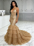 V Neck Sequin Sparkle Tulle Layers Trumpet Mermaid Prom Dress