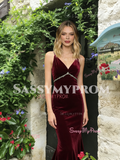 Spaghetti Straps Burgundy Velvet Trumpet Mermaid Prom Dress