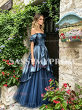Off The Shoulder Tulle Blue A Line Prom Dress