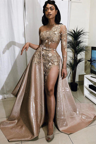 Detachable Train Gold Sequin Prom Dress With Slit