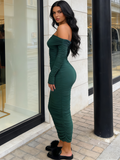 Maxi Long Sleeve Ruched Fitted Off The Shoulder Bodycon Dress