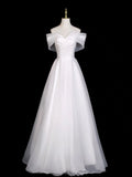 Off Shoulder Organza A Line White Ruched Wedding Dress