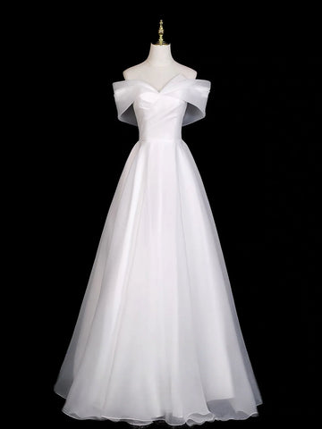 Off Shoulder Organza A Line White Ruched Wedding Dress