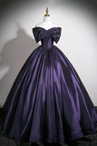Off The Shoulder A Line Purple Satin Prom Dress