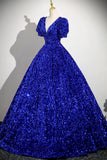 Sequin V Neck Puffy Sleeve Royal Blue Prom Dress