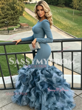 Blue Scoop Long Sleeve Tulle Spandex Ruffles Prom Dress