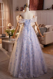 Princess Tulle A Line Blue Flower Prom Dress