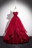 Strapless Layer Tulle Layer Flower Burgundy Prom Dress