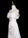 Off Shoulder Satin White A Line Ruched Prom Dress