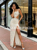 Straps A Line Lace Beading Champagne Cut Out Prom Dress With Slit