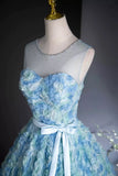 Rose Flower A Line Scoop Print Blue Beading Prom Dress