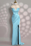 Sweetheart Mermaid Burgundy Satin High Slit Prom Dress