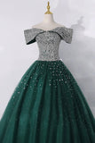 Tulle Off The Shoulder Green Beading Sparkle Prom Dress