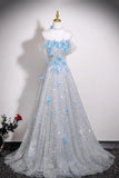 Sequins & Blue Butterfly A Line Silver Prom Dress