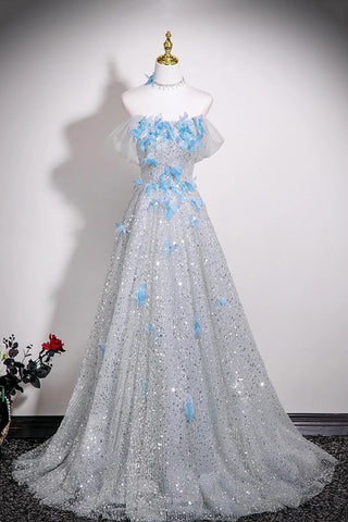 Sequins & Blue Butterfly A Line Silver Prom Dress