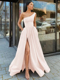 Black One Shoulder Satin Slit Prom Dress With Pockets