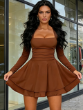 Brown Square Neck Ruffle Hem Long Sleeve Mini Dress