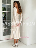 Champagne V Neck Long Sleeve Elastic Satin Tea Length Wedding Dress With Slit