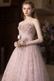 Floral Pink Tulle Off The Shoulder Prom Dress