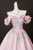 Pink Satin Lace Off The Shoulder A Line Prom Dress