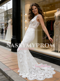 Jewel Trumpet Mermaid Lace Sweep Train Wedding Dress