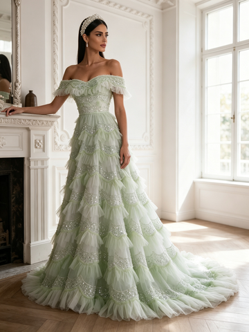 Tulle Sequin Off The Shoulder Light Green A Line Prom Dress