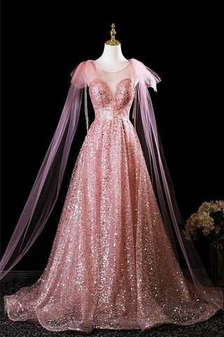 Tulle Sequins Pink Scoop A-Line Sparkle Prom Dress