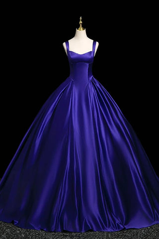 Straps Square A Line Satin Royal Purple Prom Dress