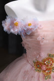 Lace Off The Shoulder A Line Beading Pink Tulle Prom Dress