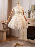 Lace Layer Knee Length Champagne Homecoming Dress