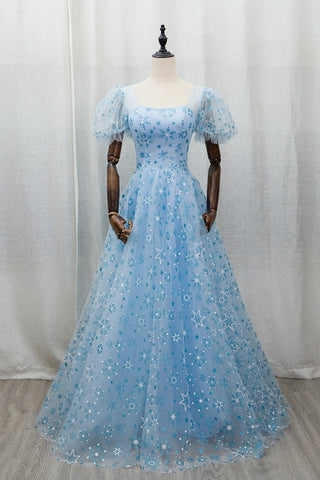 Sparkle Tulle A Line Short Sleeves Blue SnowFlake Prom Dress