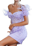 Purple Lace Short Mini Feather Sheath Homecoming Dress