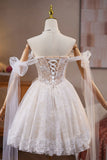 Flower Pearl Short Ivory Lace Homecoming Dress