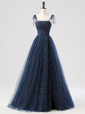 Spaghetti Strap Sequin Navy Tulle Sparkle Prom Dress