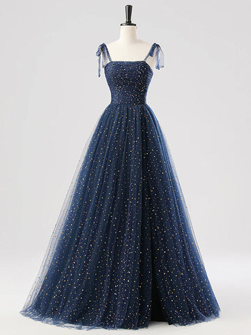 Spaghetti Strap Sequin Navy Tulle Sparkle Prom Dress