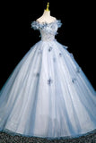 Flowers Floral A Line Blue Tulle Prom Dress