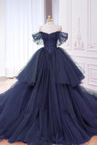 Layers Navy Blue Tulle Off The Shoulder A Line Prom Dress