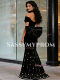 Black Beading Trumpet Mermaid Off The Shoulder Bow Prom Dress