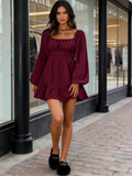 Burgundy Long Sleeve Square Ruffle Elastic Dress