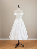 Off Shoulder Tea Length Satin White Wedding Dress