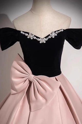 pink black prom dress Velvet Beading Pink Satin Bow Black Prom Dress – Sassymyprom