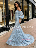 Light Blue Lace Long Sleeve Sweetheart Trumpet Mermaid Prom Dress