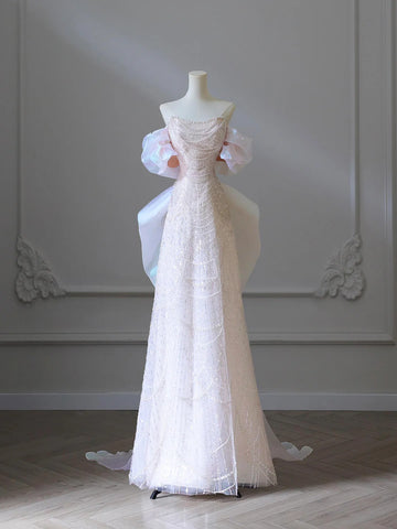 Sequins Off The Shoulder Pink Pearls Prom Dress