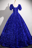 V-Neck Sequins Short Sleeve Royal Blue Prom Dress