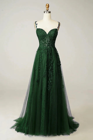 Green Tulle Lace Appluques Spaghetti Straps Prom Dress