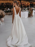 A Line Belt V Neck Satin Wedding Dress With Slit