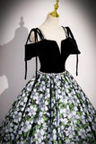 Velvet Floral Print Satin Black Prom Dress