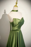 Satin Ruched A Line Green Lace Up Shawl Pom Dress