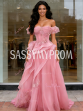 Green Off The Shoulder Tulle A Line Ruffles Prom Dress