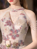 Floral Print A Line Backless High Neck Prom Dress